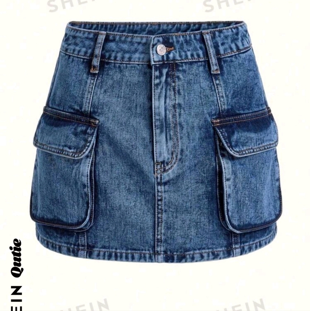 SHEIN Qutie Flap Pocket Cargo Denim Skirt